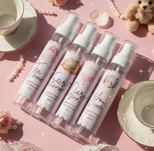 Four spray bottles with teddy bear designs on a pink background with tea cups and flowers.